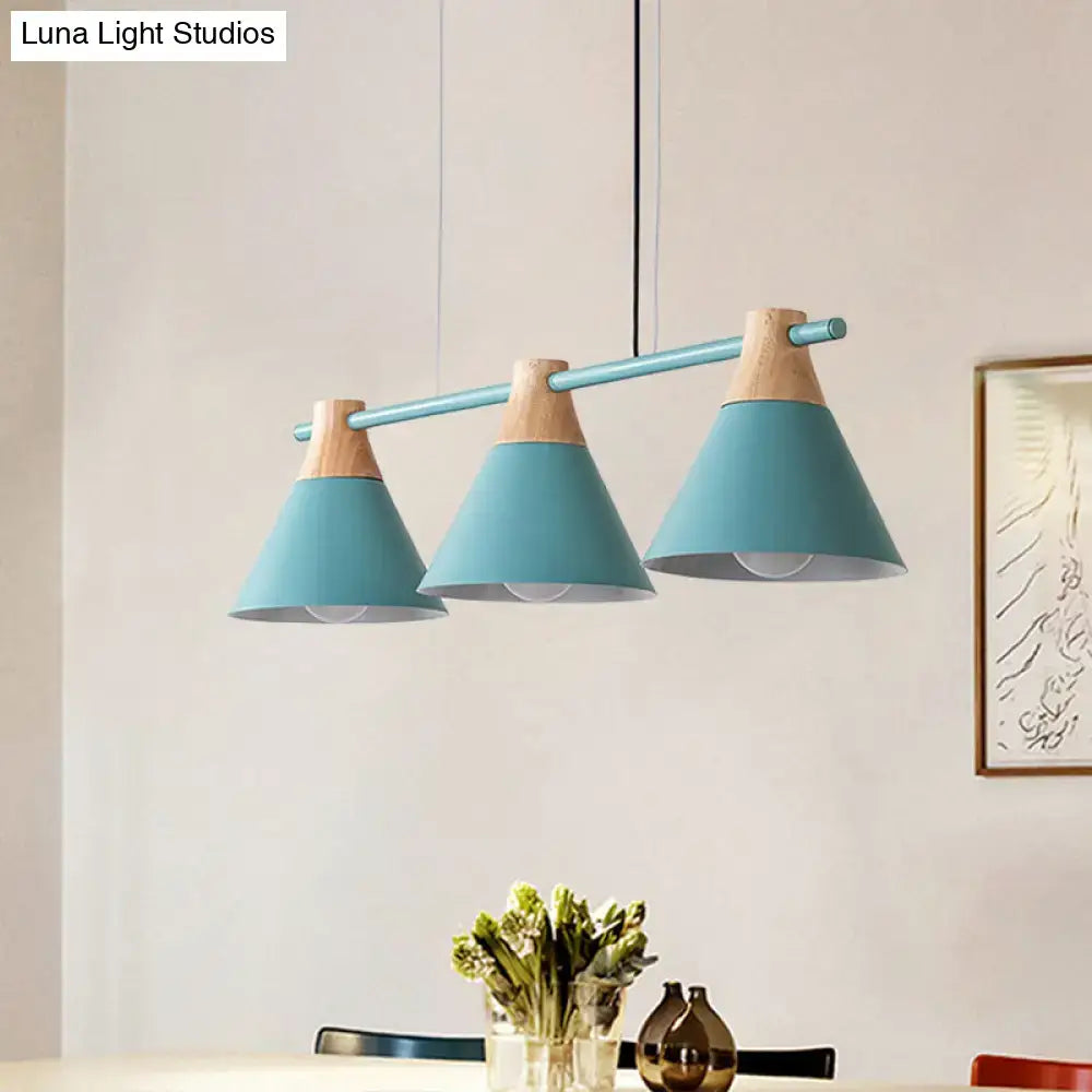 DecorBites™ Modern Macaron Cone Hanging Light Pendant - 3 Heads Island Fixture in Black/White/Blue with Wood Accents - Ideal for Dining Table