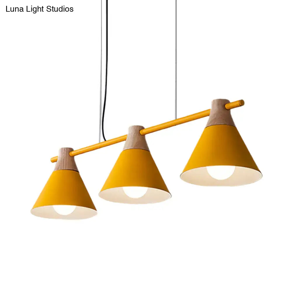 DecorBites™ Modern Macaron Cone Hanging Light Pendant - 3 Heads Island Fixture in Black/White/Blue with Wood Accents - Ideal for Dining Table