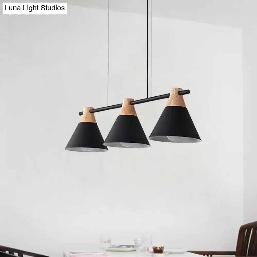 DecorBites™ Modern Macaron Cone Hanging Light Pendant - 3 Heads Island Fixture in Black/White/Blue with Wood Accents - Ideal for Dining Table