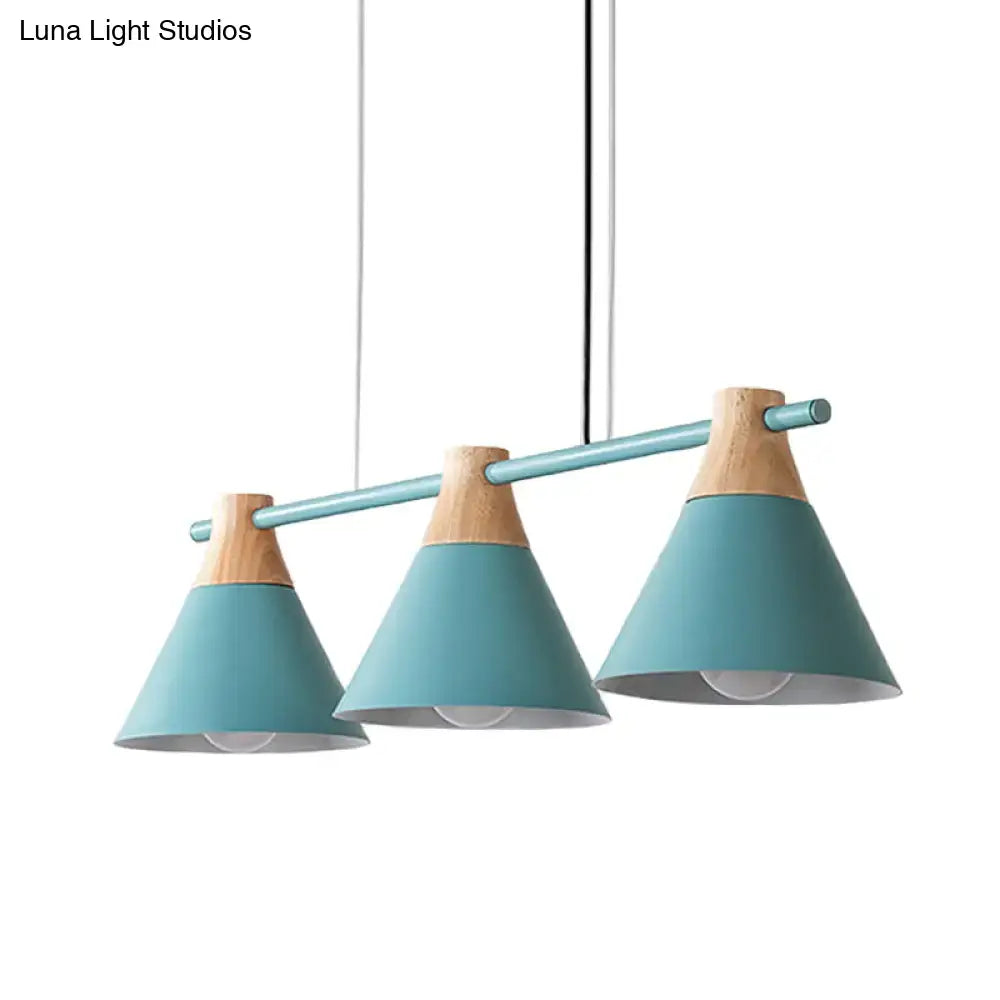 DecorBites™ Modern Macaron Cone Hanging Light Pendant - 3 Heads Island Fixture in Black/White/Blue with Wood Accents - Ideal for Dining Table