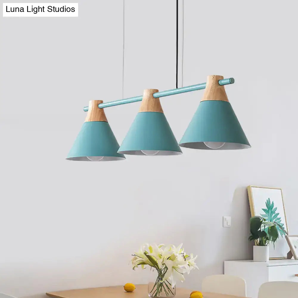 DecorBites™ Modern Macaron Cone Hanging Light Pendant - 3 Heads Island Fixture in Black/White/Blue with Wood Accents - Ideal for Dining Table