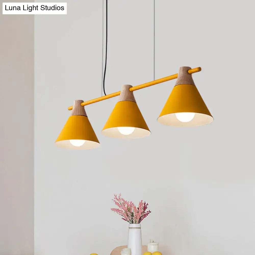 DecorBites™ Modern Macaron Cone Hanging Light Pendant - 3 Heads Island Fixture in Black/White/Blue with Wood Accents - Ideal for Dining Table