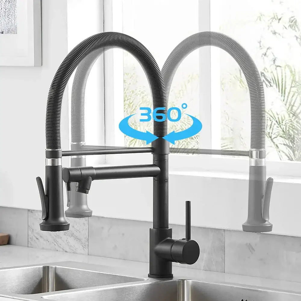 DecorBites™ Black Spring Kitchen Faucet with Sprayer and Brushed Nickel Finish