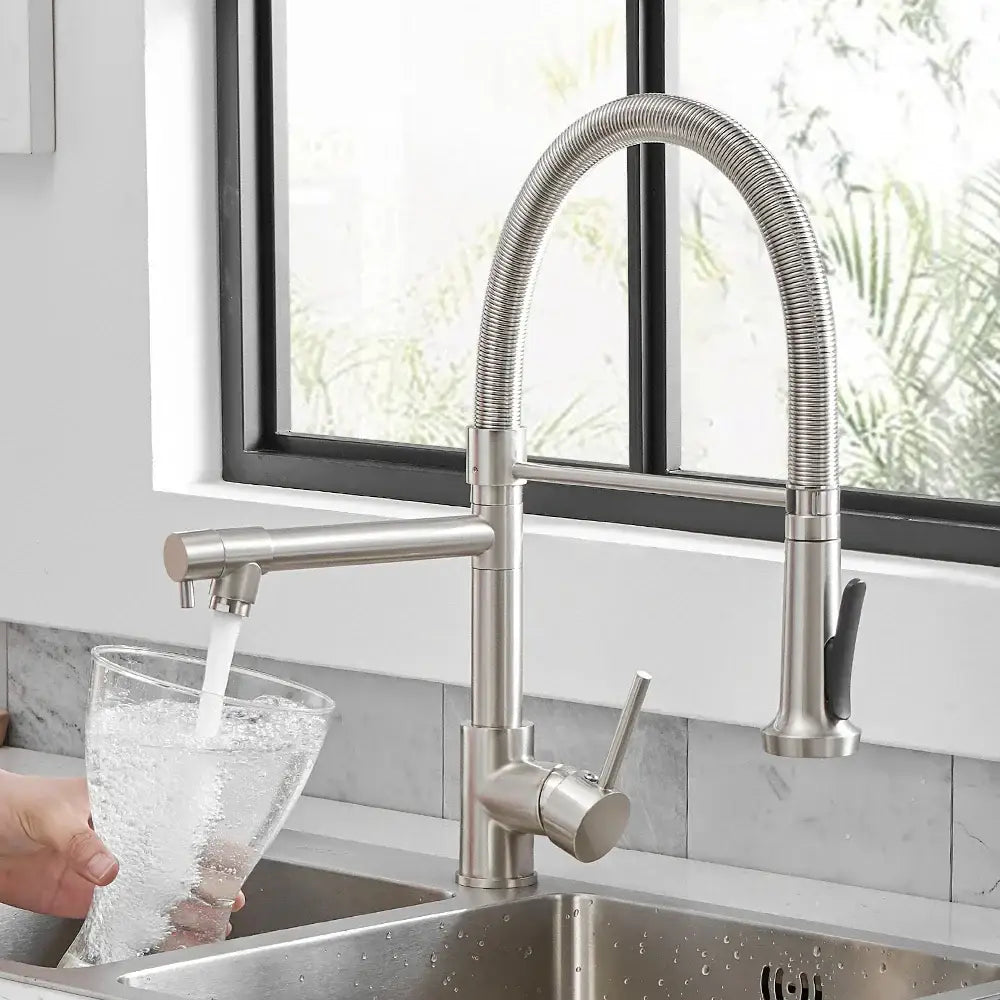 DecorBites™ Black Spring Kitchen Faucet with Sprayer and Brushed Nickel Finish