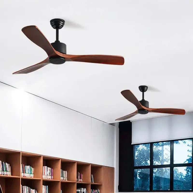 Modern matte black and dark brown wooden ceiling fan living room
