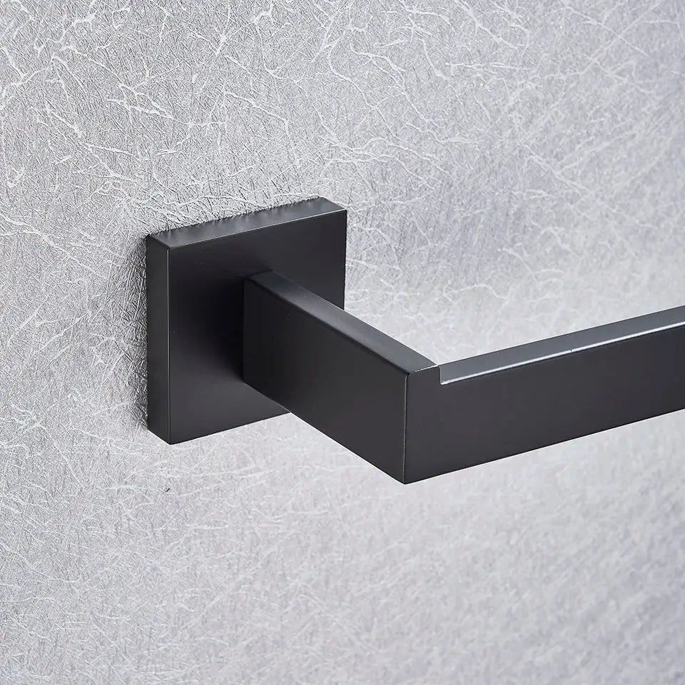 DecorBites™ Black Bathroom Accessories Set: Robe Hook, Towel Rail, Shelf, Paper Holder