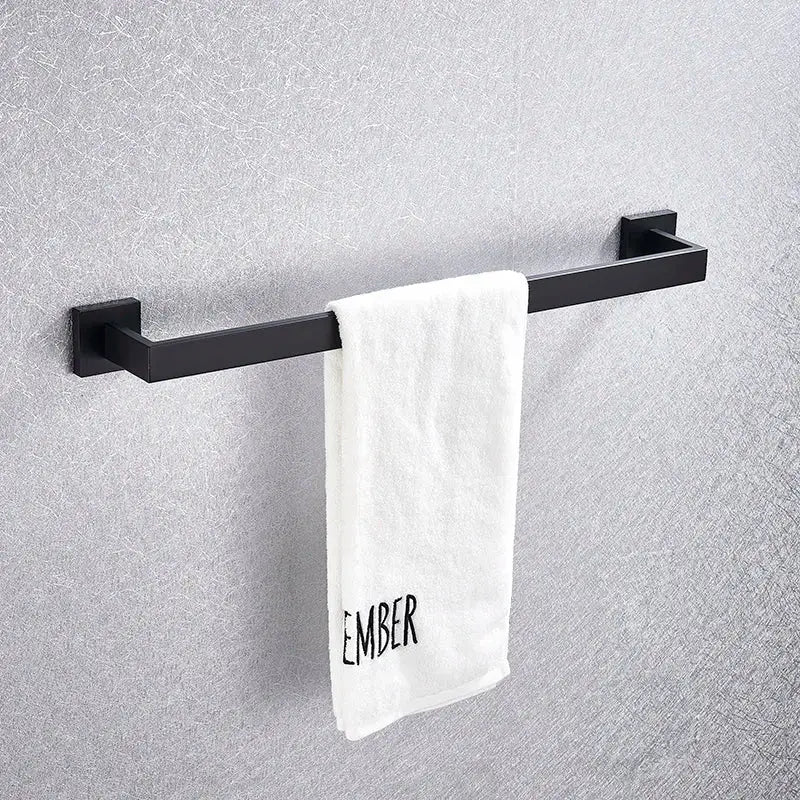 DecorBites™ Black Bathroom Accessories Set: Robe Hook, Towel Rail, Shelf, Paper Holder