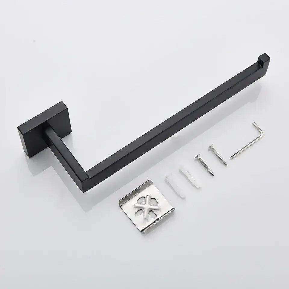 DecorBites™ Black Bathroom Accessories Set: Robe Hook, Towel Rail, Shelf, Paper Holder