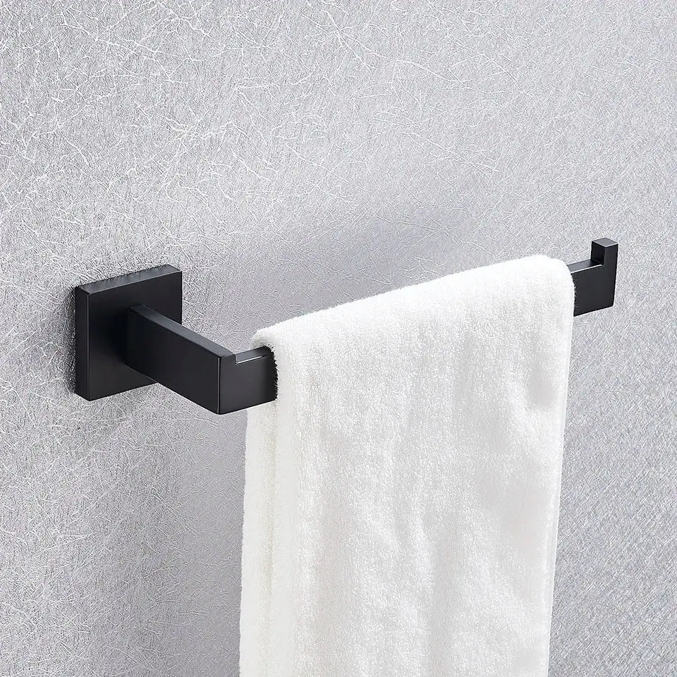 DecorBites™ Black Bathroom Accessories Set: Robe Hook, Towel Rail, Shelf, Paper Holder