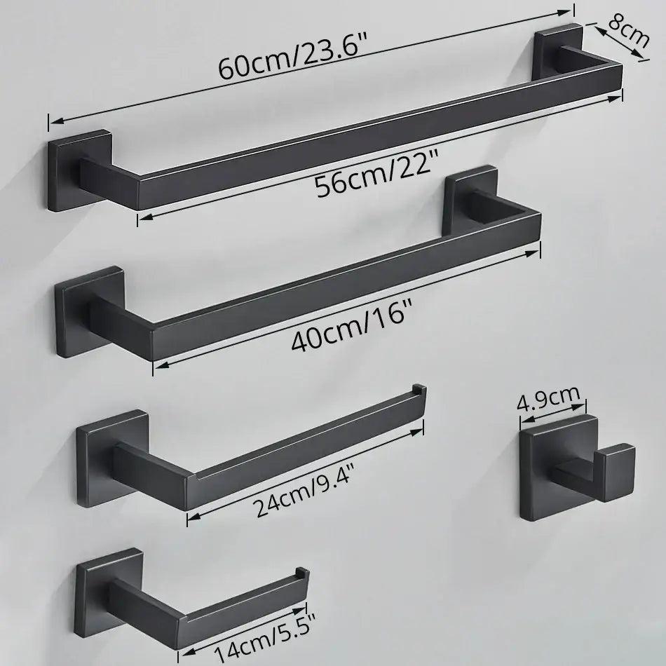 DecorBites™ Black Bathroom Accessories Set: Robe Hook, Towel Rail, Shelf, Paper Holder