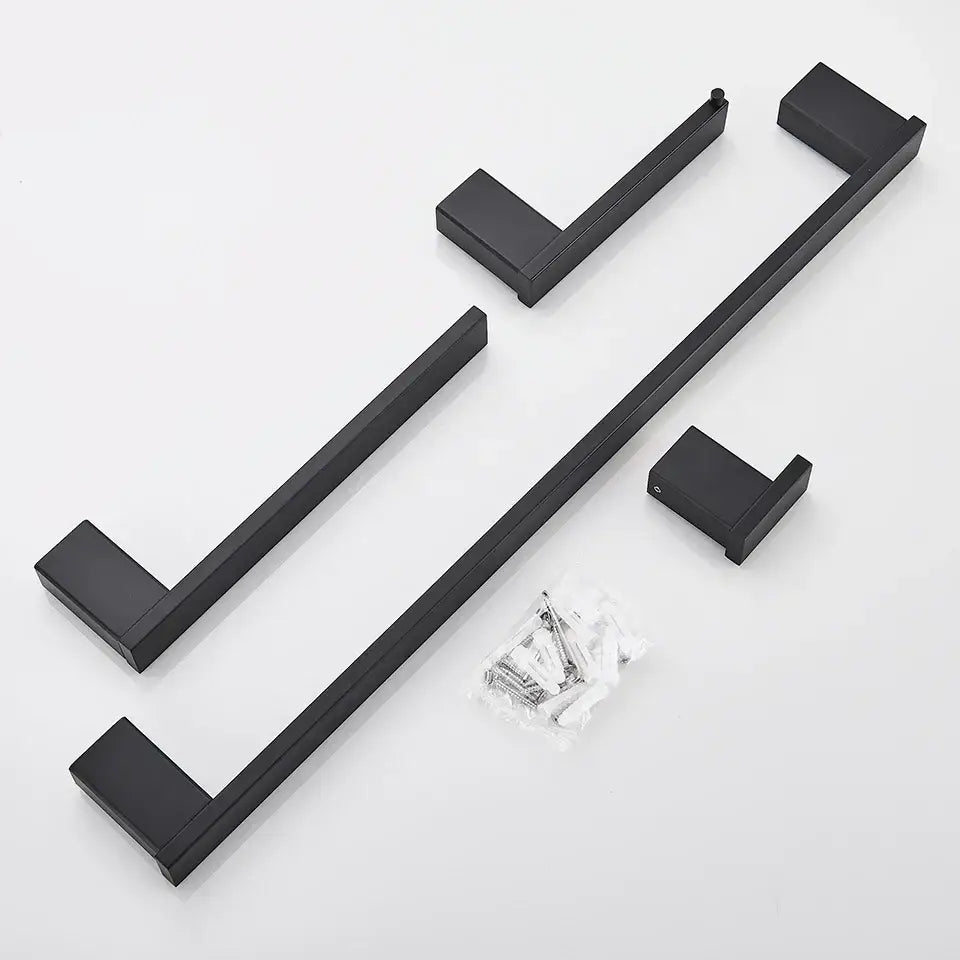 DecorBites™ Black Bathroom Hardware Set: Robe Hook, Towel Rail, Rack, Shelf, Tissue Holder & More