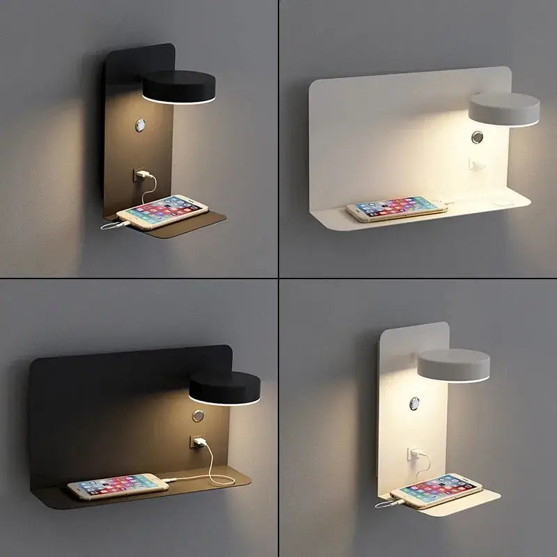 Modern matte black led wall lights with usb port bedroom shelf