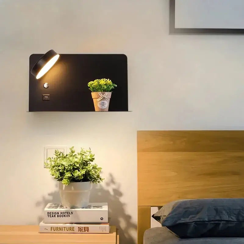Modern matte black led wall lights with usb port bedroom shelf