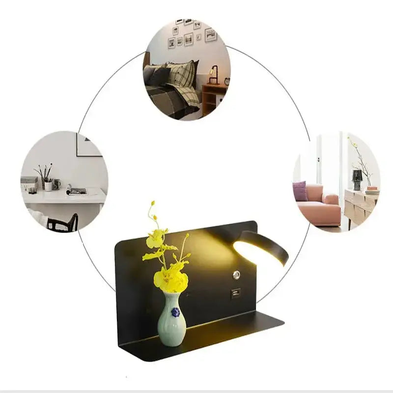Modern matte black led wall lights with usb port bedroom shelf