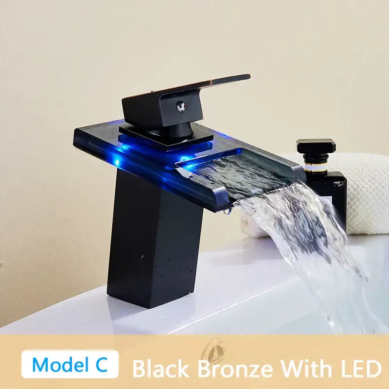 DecorBites™ LED Waterfall Bathroom Sink Faucet Black Bronze Single Handle Deck Mount