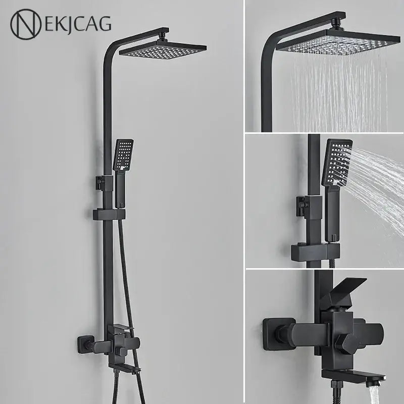 Modern matte black shower faucet set with waterfall bathtub tap