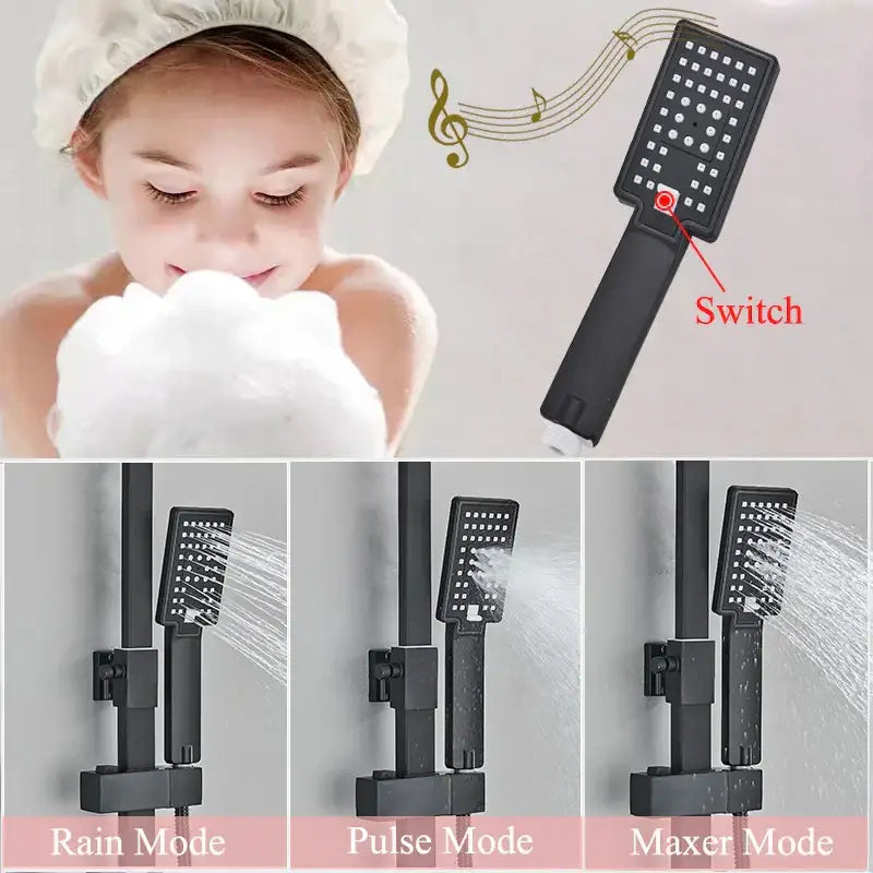 Modern matte black shower faucet set with waterfall bathtub tap