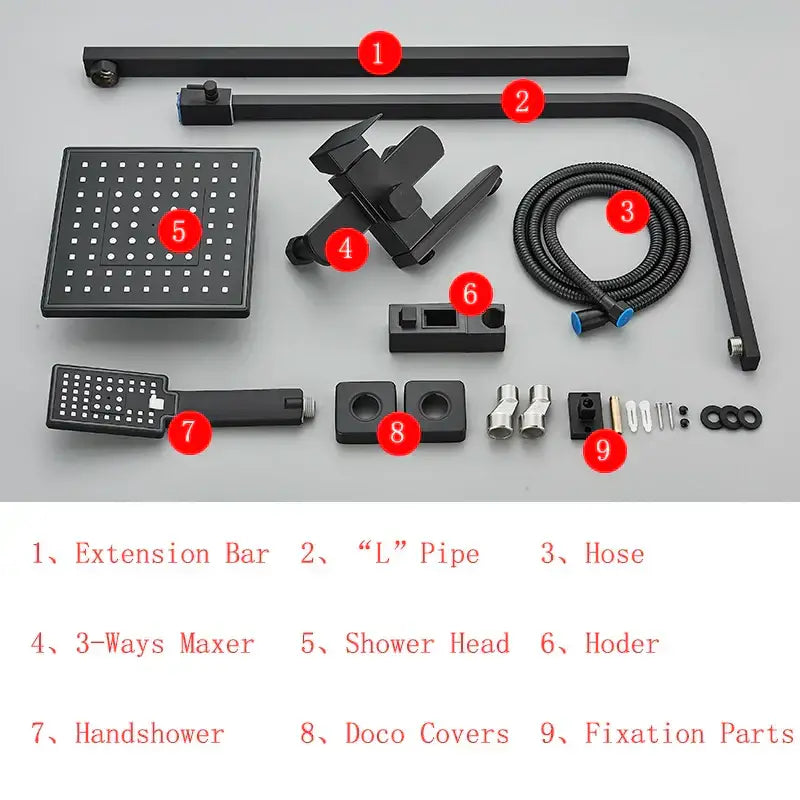 Modern matte black shower faucet set with waterfall bathtub tap
