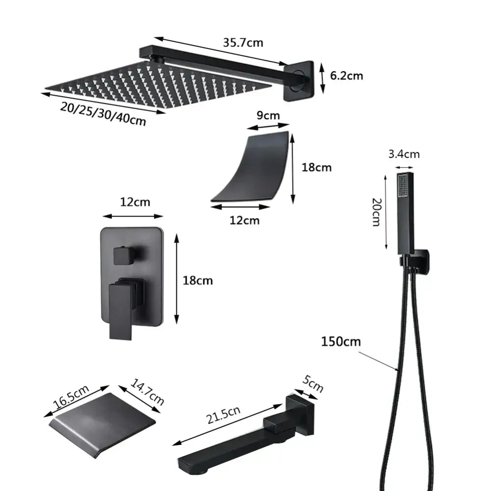 DecorBites™ Black Wall Mounted Rainfall Shower System with Tub Spout