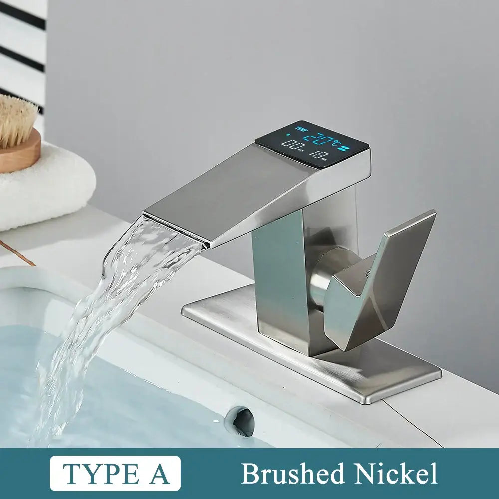 Modern matte black waterfall bathroom faucet with temperature display