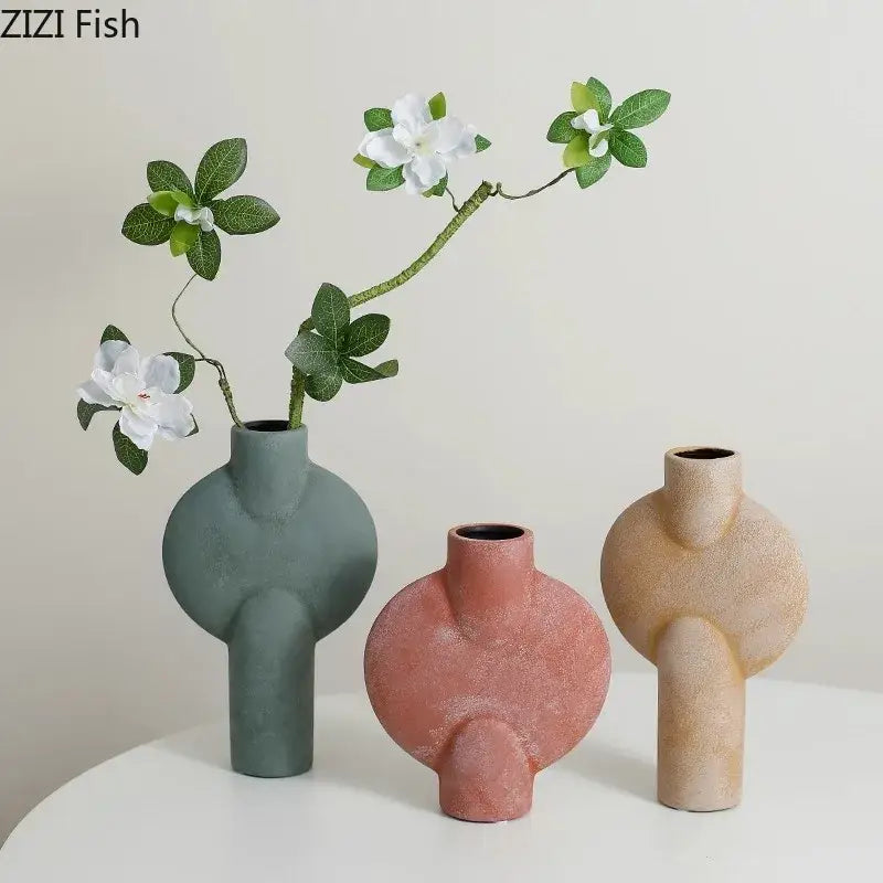 Modern muted tones ceramic disc vase set living room decor
