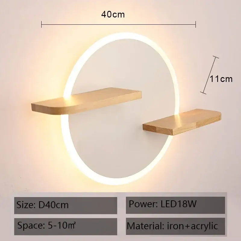 Modern nordic white led wall lamp with wooden shelves for bedroom