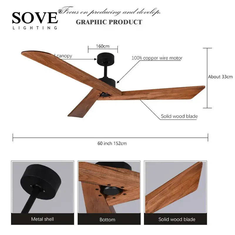 DecorBites™ 60" Wood Ceiling Fan, Remote Control, Creative Living Room Dining Room Loft, DC Fan