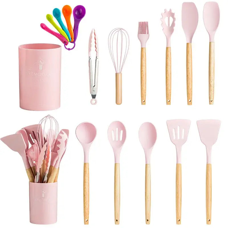 Modern pastel silicone kitchen utensil set with storage box