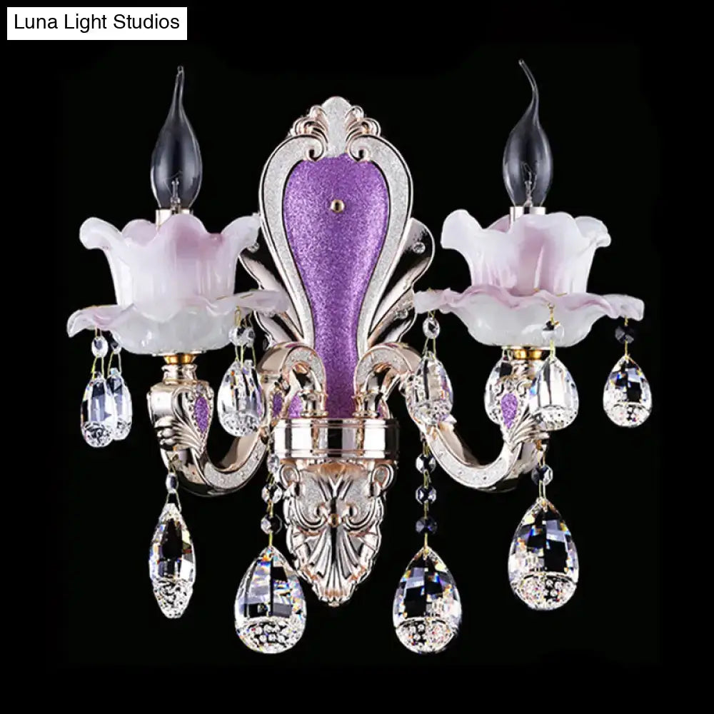 Modern purple & silver crystal wall sconce – bedroom floral light