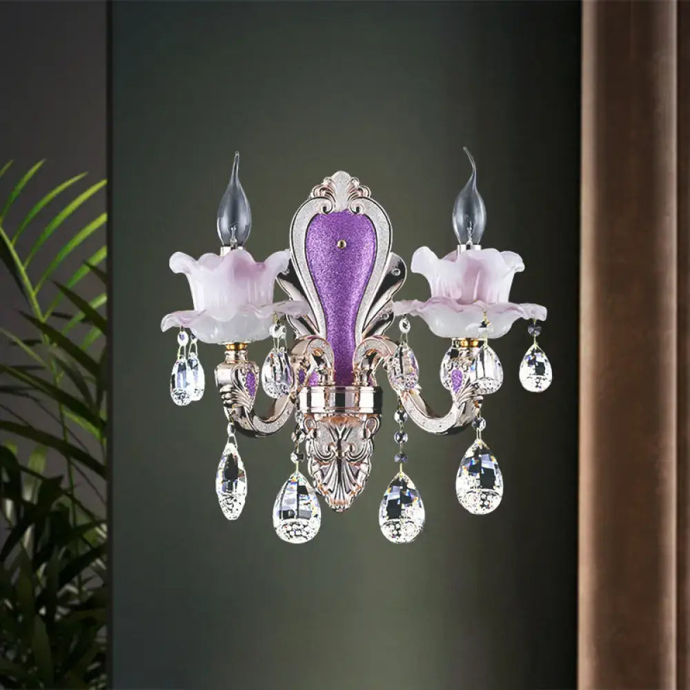 Modern purple & silver crystal wall sconce – bedroom floral light