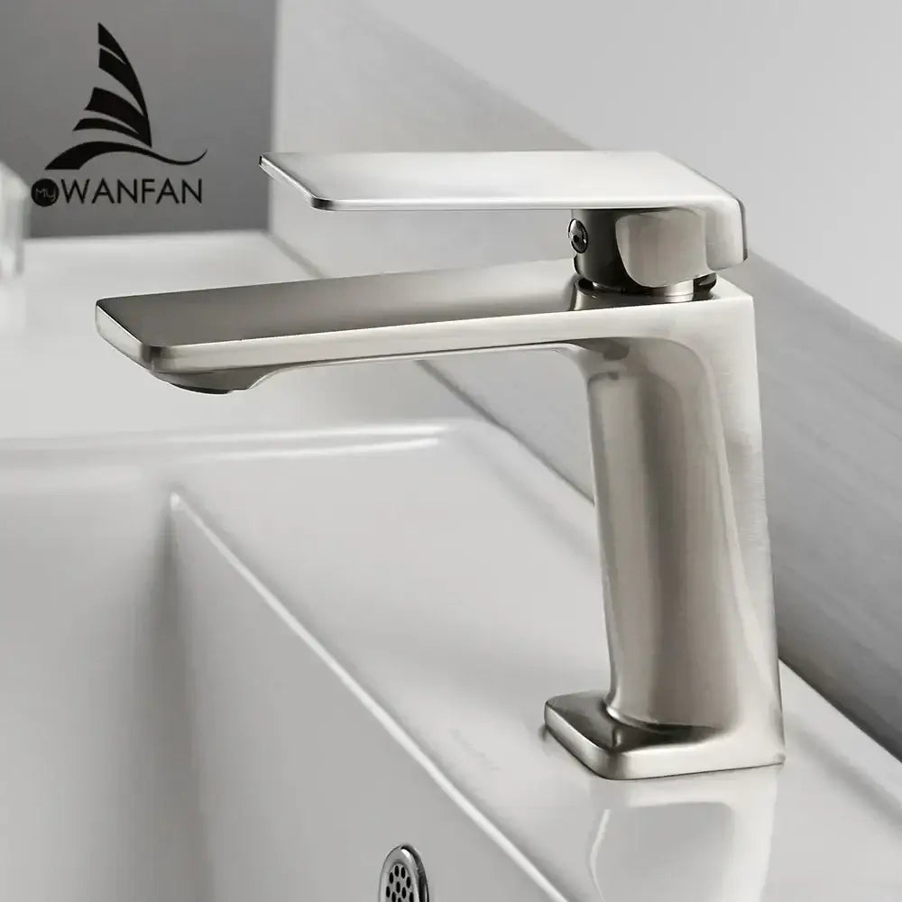 Modern rectangular brushed nickel bathroom sink faucet