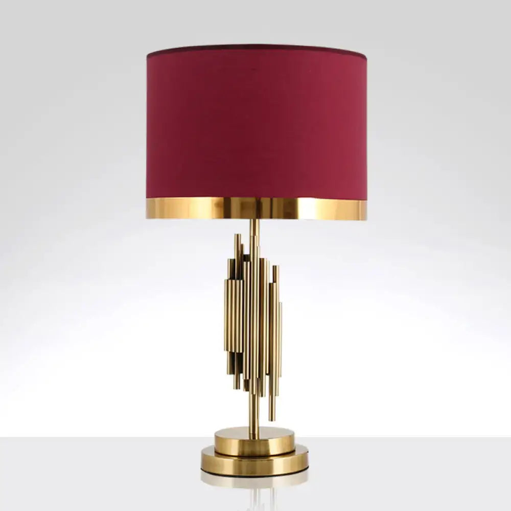 Modern red velvet table light with drum shade for bedroom