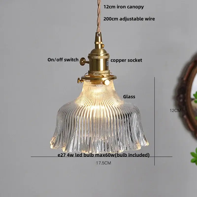 Modern ribbed clear glass pendant light kitchen brass fixture