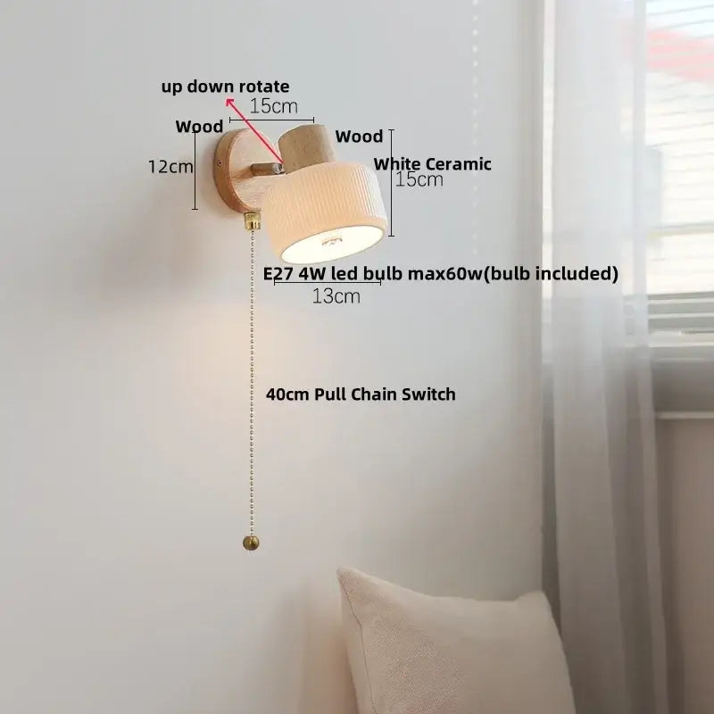 Modern ribbed glass ceramic led wall lights bedroom wood base lamp