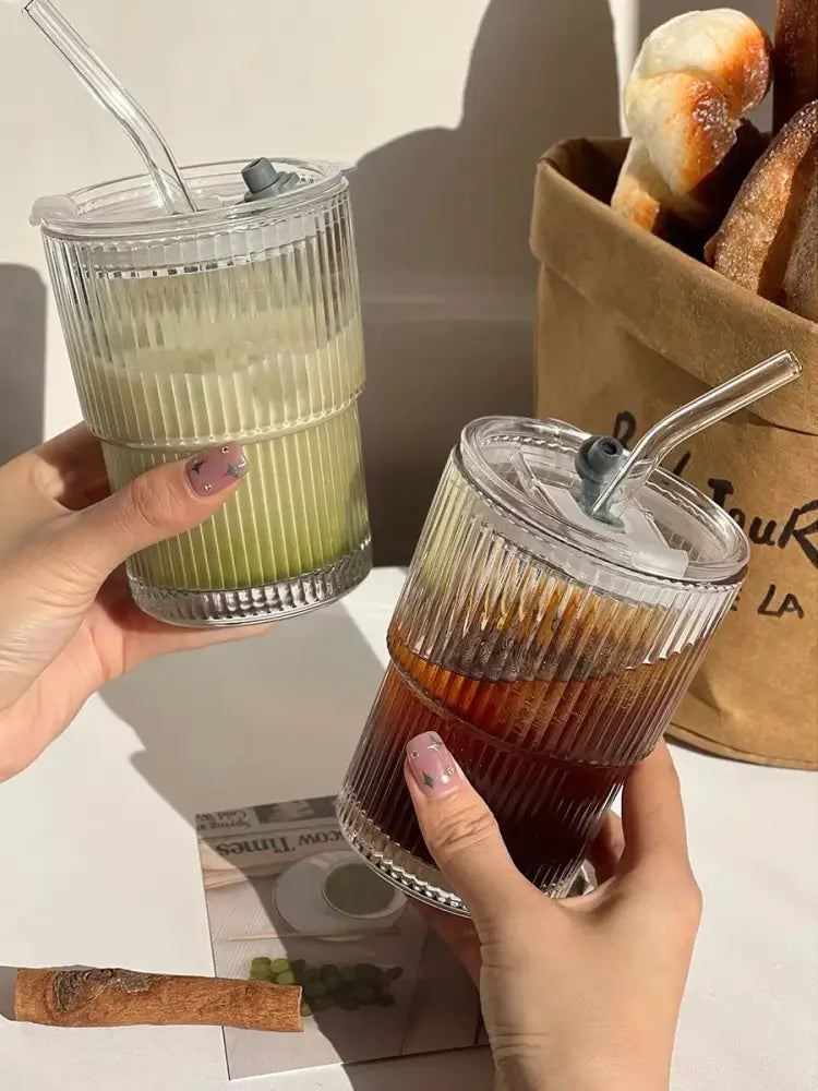 DecorBites™ 1/2PCS 450ml Stripe Glass Cup with Lid and Straw | Stylish Party Beverage Glasses
