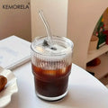 DecorBites™ 1/2PCS 450ml Stripe Glass Cup with Lid and Straw | Stylish Party Beverage Glasses