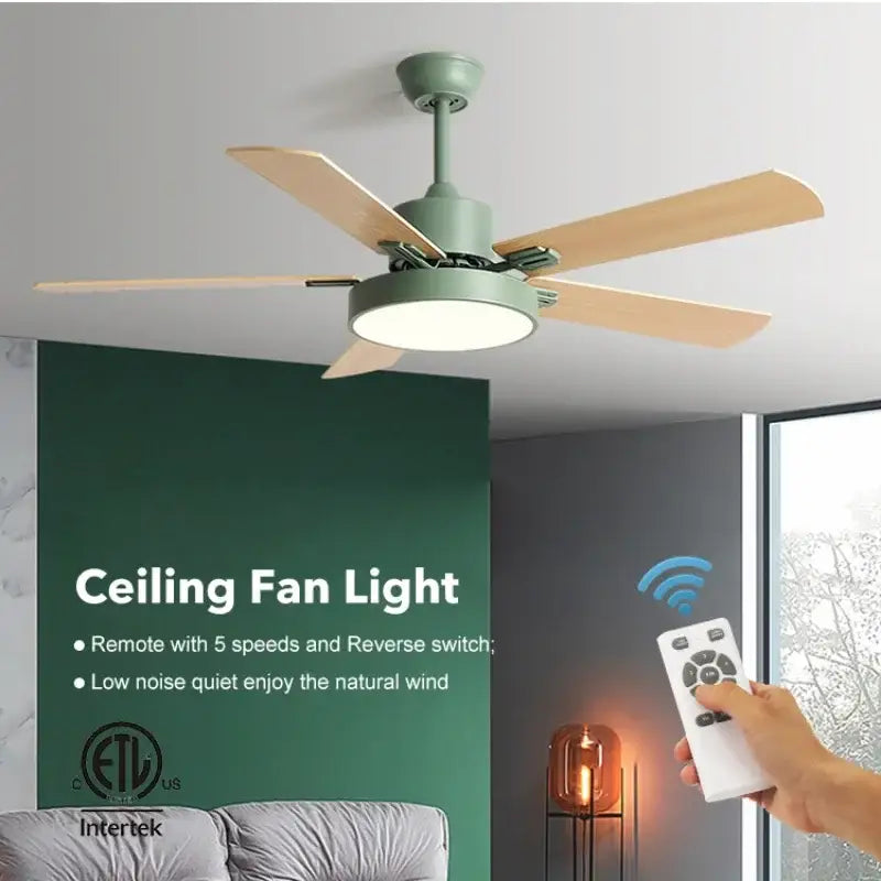 Modern sage green and natural wooden led ceiling fan living room