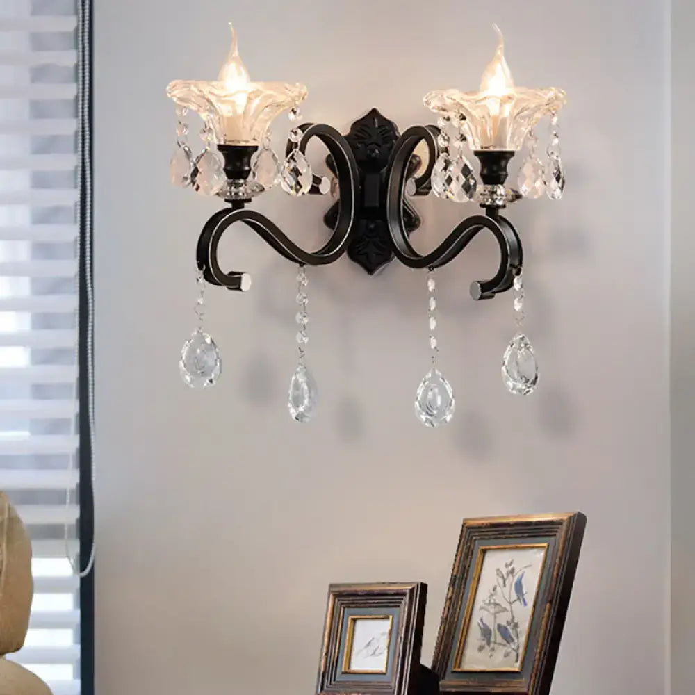 DecorBites™ Modern Scalloped Crystal Wall Lamp with Curved Arm in Black