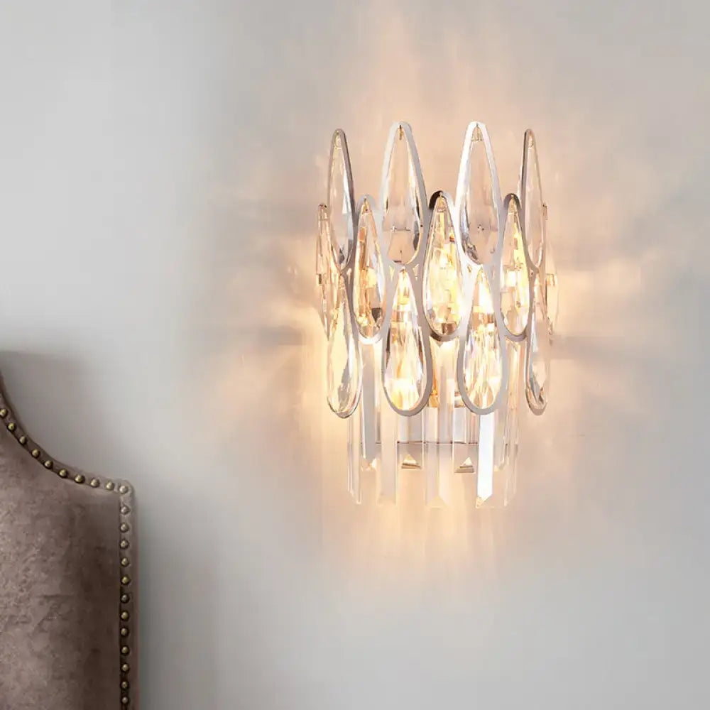 DecorBites™ Modern Silver Double-Layered Wall Sconce with Clear Crystal Accents - 2 Lights