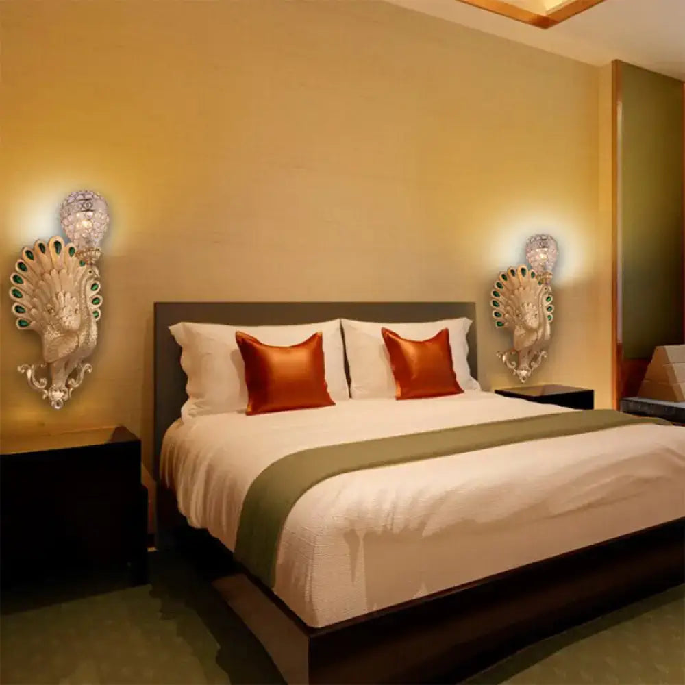DecorBites™ Modern Golden Peacock Wall Sconce with Crystal Bowl Shade – Elegant Bedside Lighting