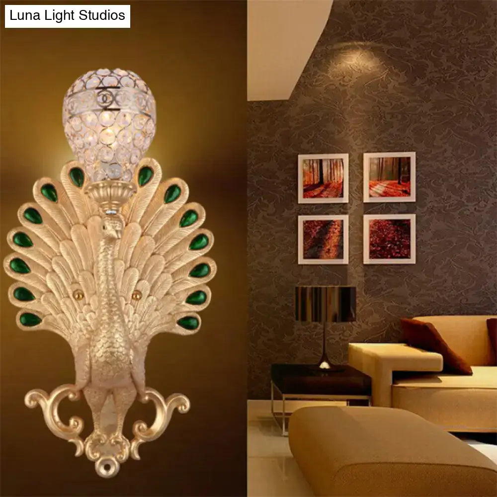 DecorBites™ Modern Golden Peacock Wall Sconce with Crystal Bowl Shade – Elegant Bedside Lighting
