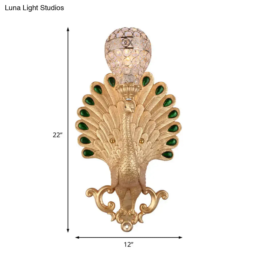 DecorBites™ Modern Golden Peacock Wall Sconce with Crystal Bowl Shade – Elegant Bedside Lighting