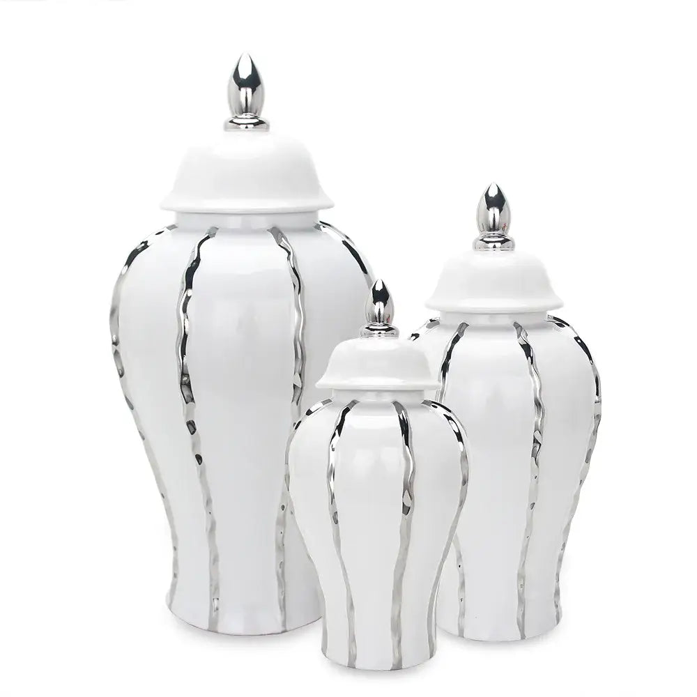 DecorBites™ Silver Striped Porcelain Ginger Pot Vase.