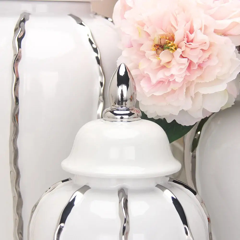 DecorBites™ Silver Striped Porcelain Ginger Pot Vase.