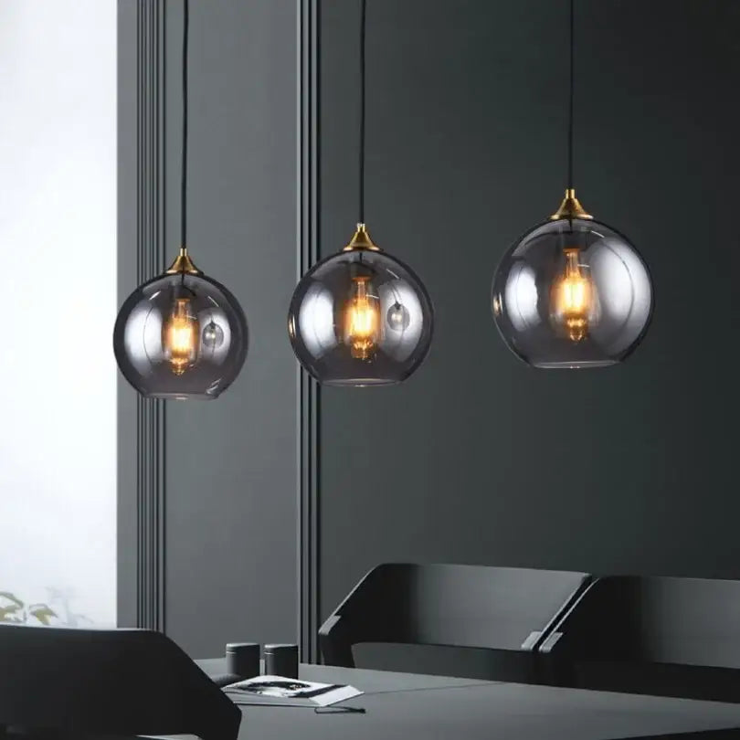 Modern smoked glass ball pendant lights kitchen & dining room triple set