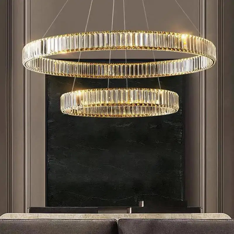 DecorBites™ Crystal Circle LED Chandelier: Dimmable Pendant Lighting for Modern Stairs