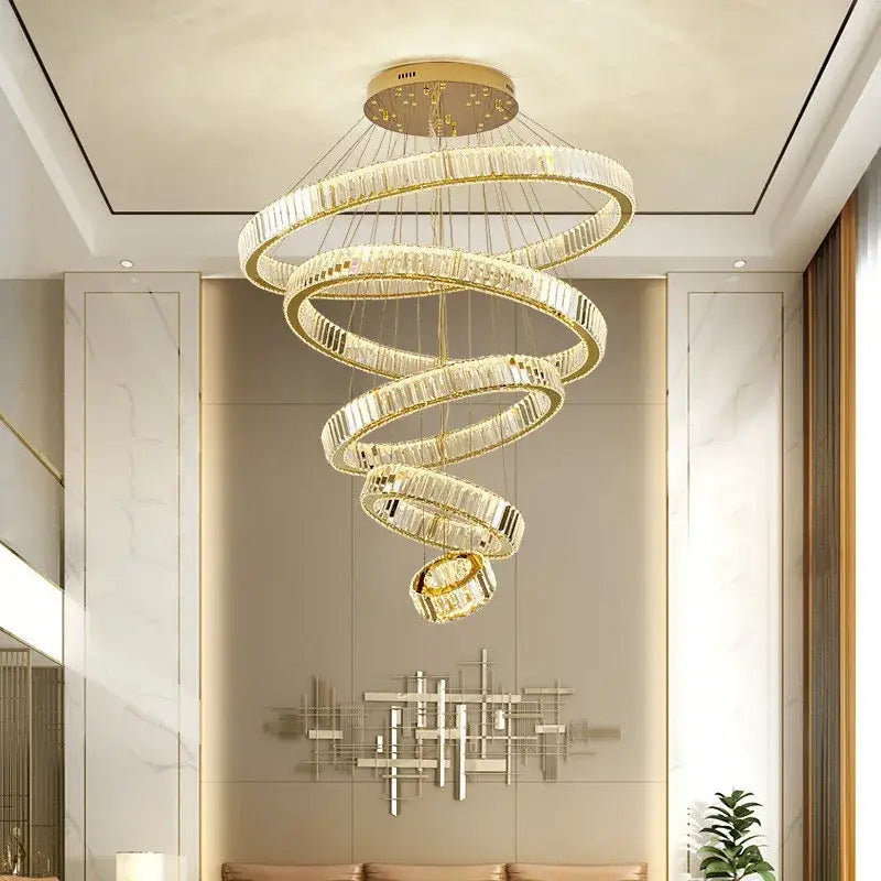 DecorBites™ Crystal Circle LED Chandelier: Dimmable Pendant Lighting for Modern Stairs