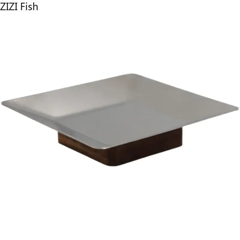 Modern square metallic and dark wood fruit bowl tray living room