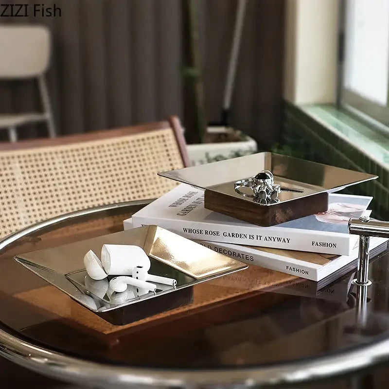 Modern square metallic and dark wood fruit bowl tray living room