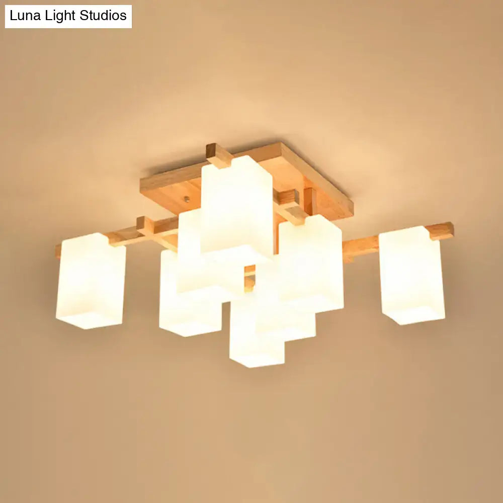 Modern square wood living room flush mount with white glass shade